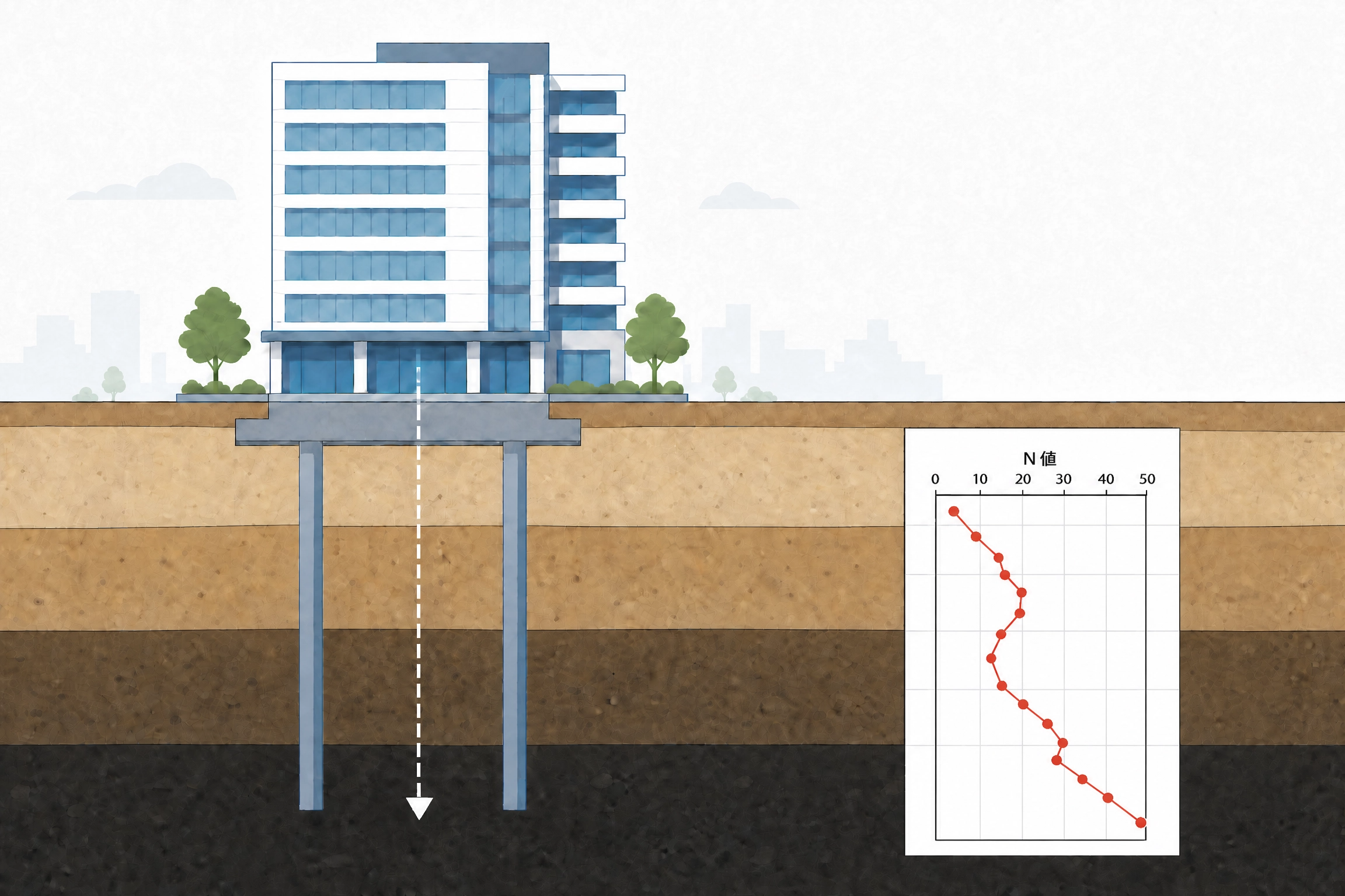 建物の基礎と地盤の地層断面・N値グラフのイラスト｜設計は地盤データという前提条件の上に成り立つ