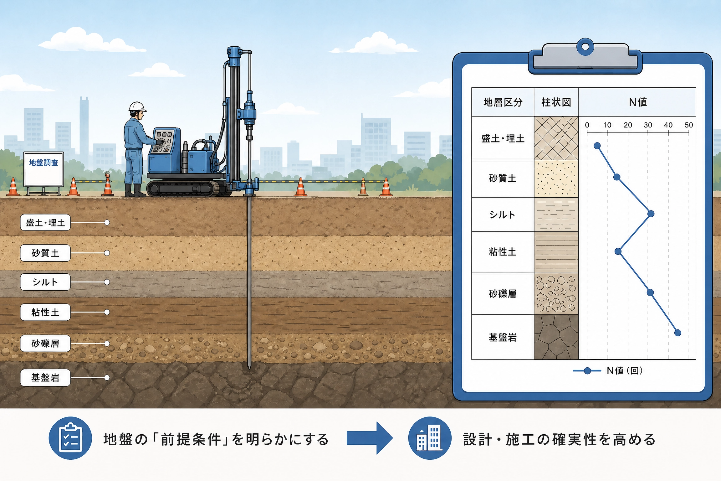 ボーリング調査機と柱状図・N値データのイラスト｜地盤調査が果たす前提条件把握の役割