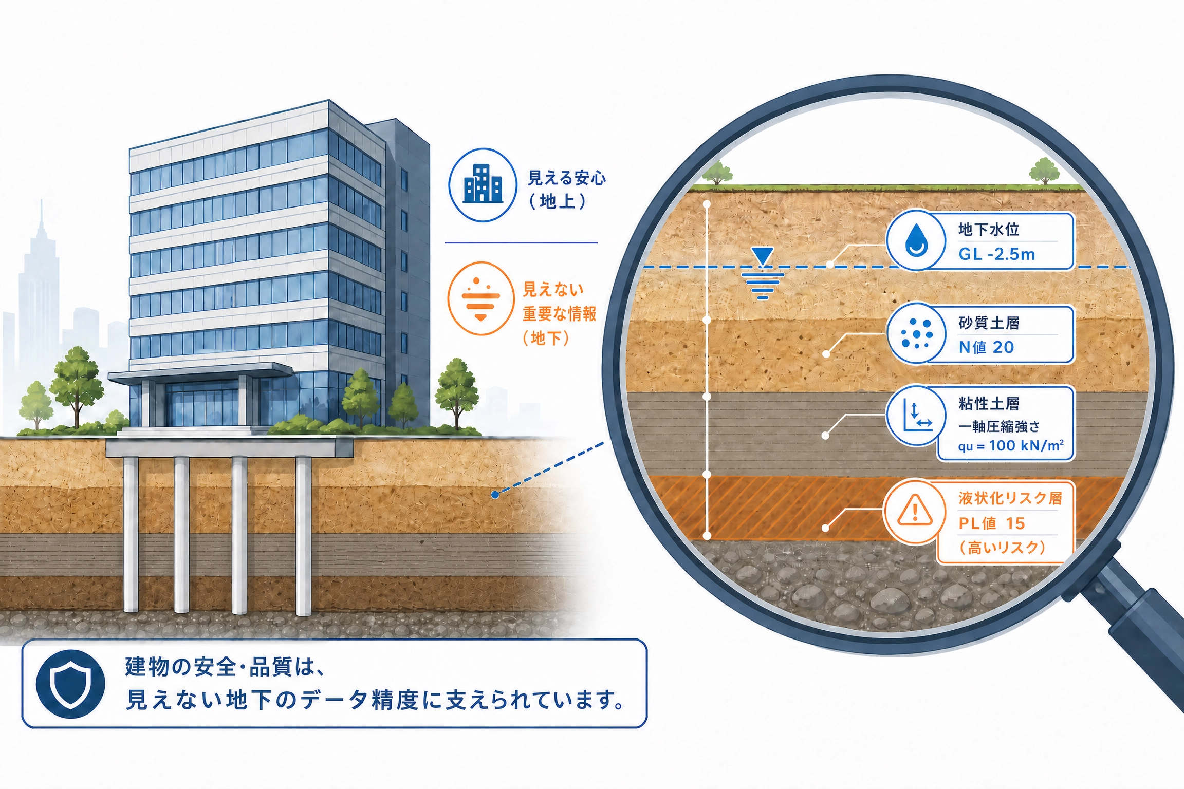 建物と地下断面の虫眼鏡拡大イラスト｜見えない地盤データが建物の安全・品質を支える