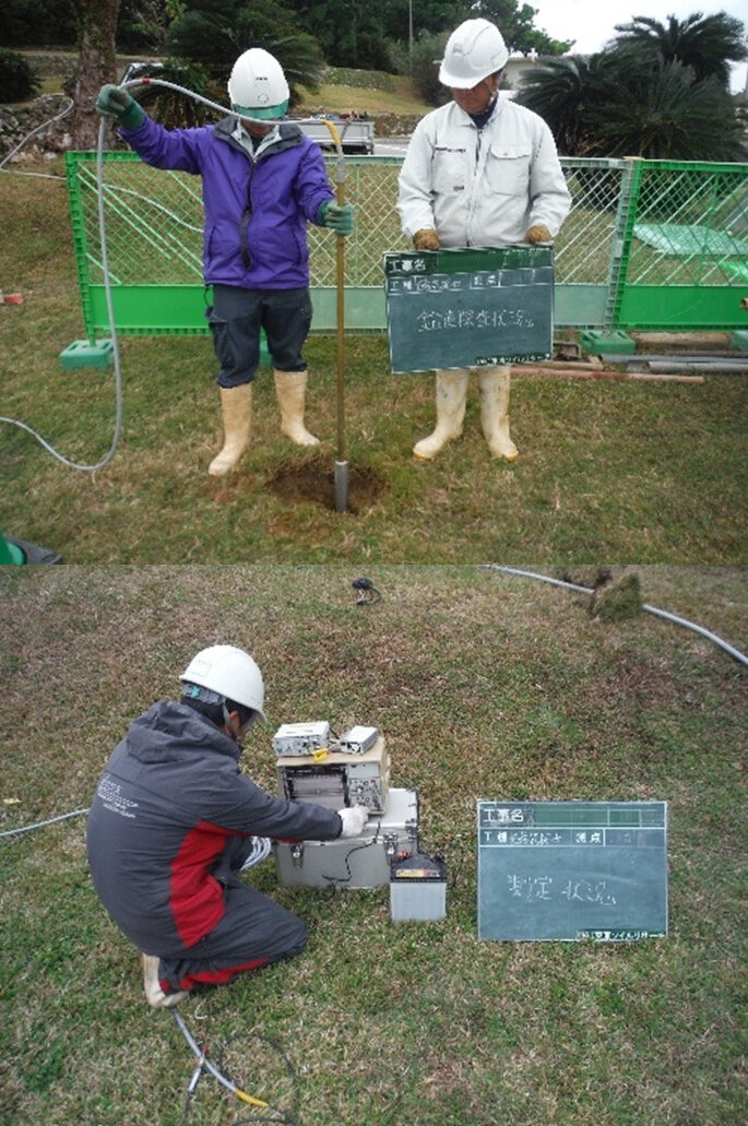 ボーリング調査前に実施する磁気探査の作業および測定状況