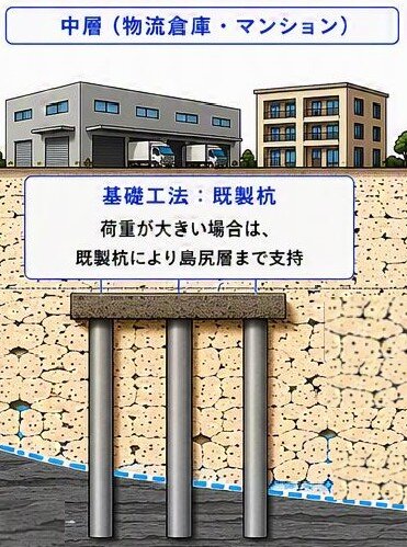沖縄の中層建物に採用される既製杭基礎のイメージ