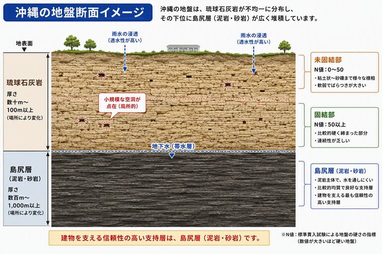 沖縄本島中南部に分布する琉球石灰岩と島尻層群の地盤断面イメージ